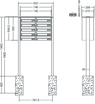 RENZ Briefkastenanlage freistehend, Basic B, Edelstahl V4A, Kastenformat 370x110x270mm, 10-teilig, zum Einbetonieren